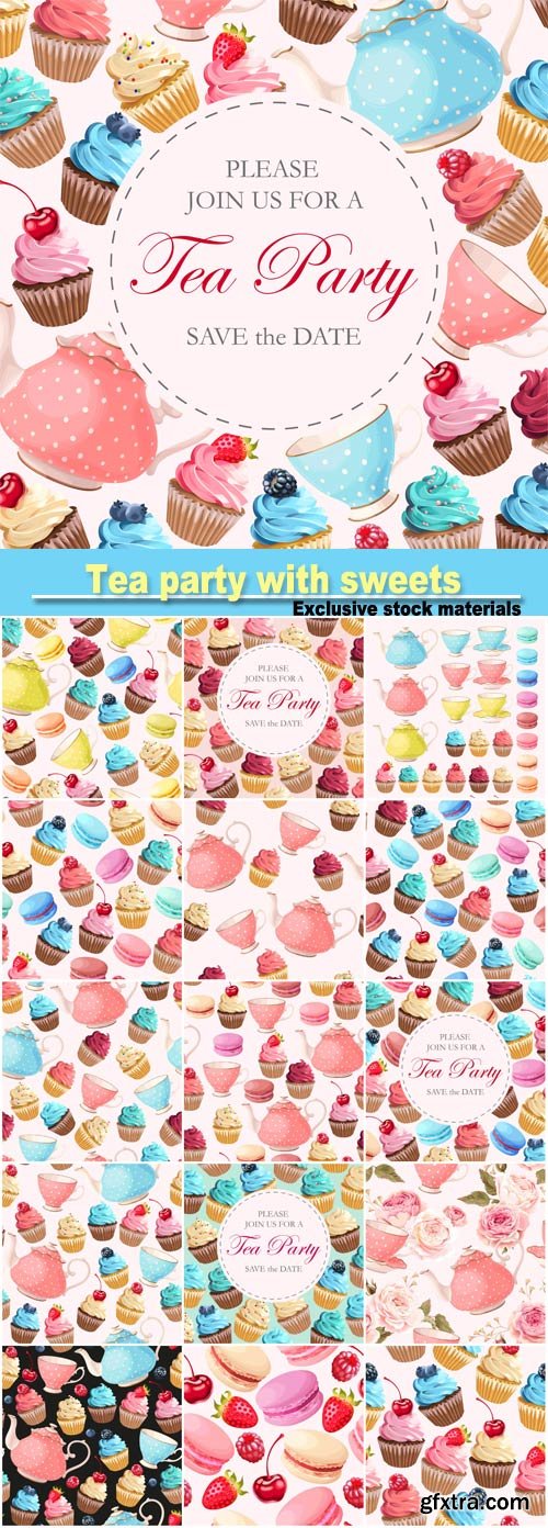 Vector invitation to tea party with sweets