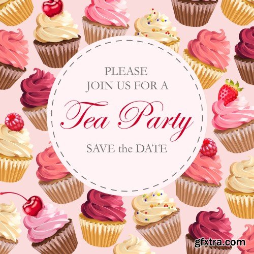 Vector invitation to tea party with sweets