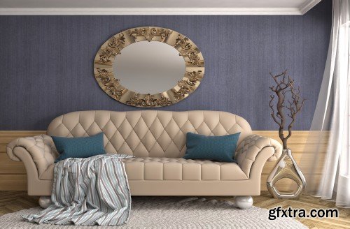 Bedroom interior, interior with sofa, 3d illustration