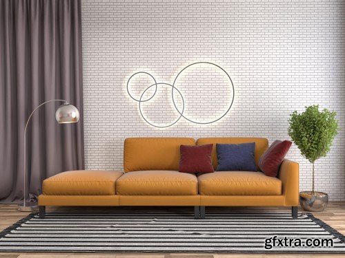 Bedroom interior, interior with sofa, 3d illustration