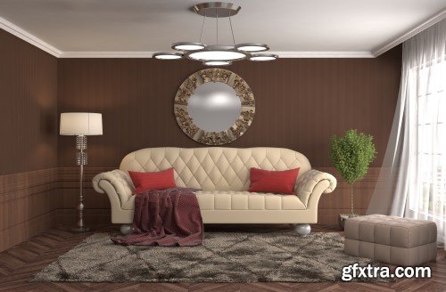 Bedroom interior, interior with sofa, 3d illustration