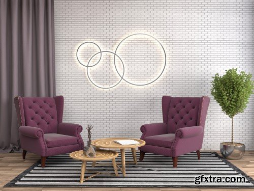 Bedroom interior, interior with sofa, 3d illustration