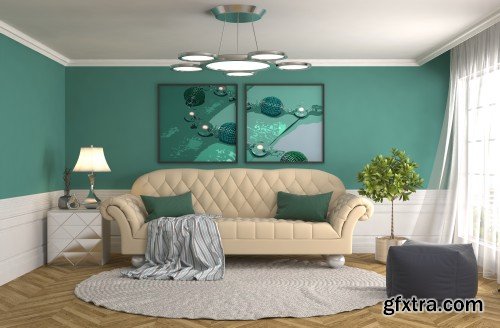 Bedroom interior, interior with sofa, 3d illustration