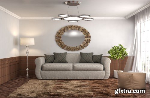 Bedroom interior, interior with sofa, 3d illustration