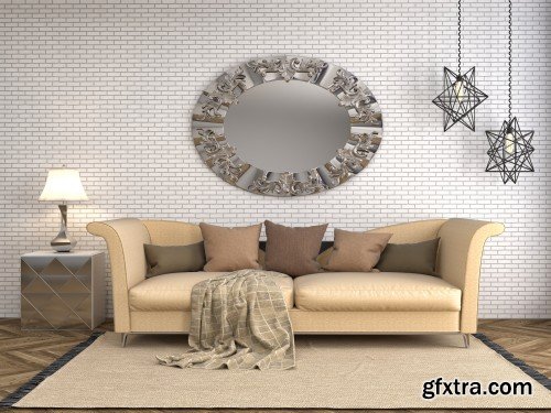 Bedroom interior, interior with sofa, 3d illustration