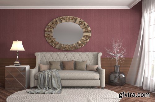 Bedroom interior, interior with sofa, 3d illustration