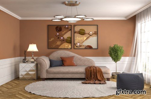 Bedroom interior, interior with sofa, 3d illustration