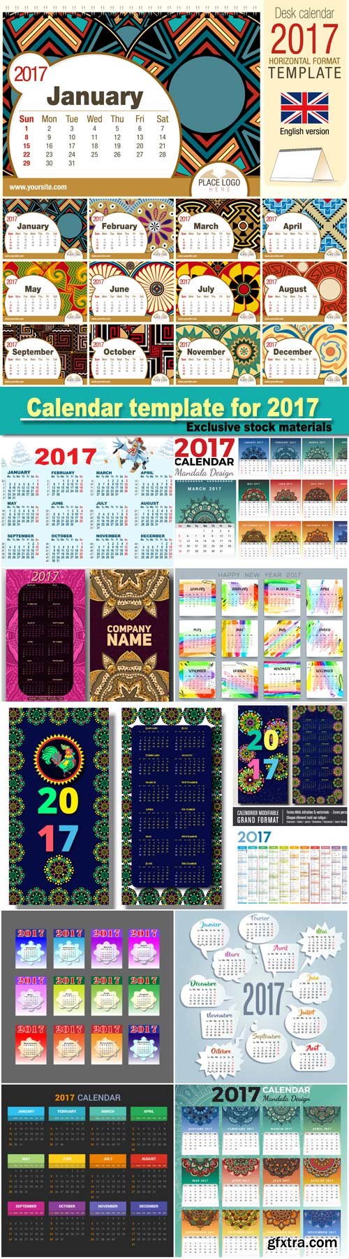 Calendar template for 2017, colorful hand drawn doodles