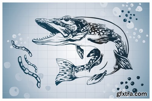 Collection trophy pike fishing mining vector image 25 EPS