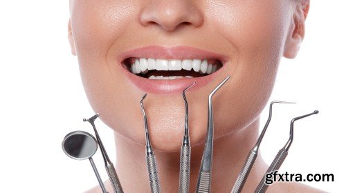 Happy smiling beautiful young woman cleaning skin by cotton pad, smiling woman and dental tools