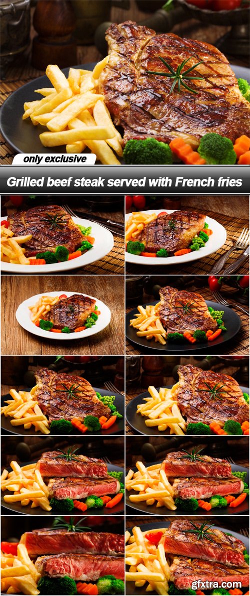 Grilled beef steak served with French fries - 10 UHQ JPEG