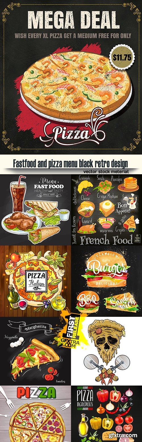 Fastfood and pizza menu black retro design