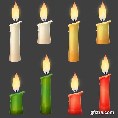 Burning candle collection, different colors, vector illustration