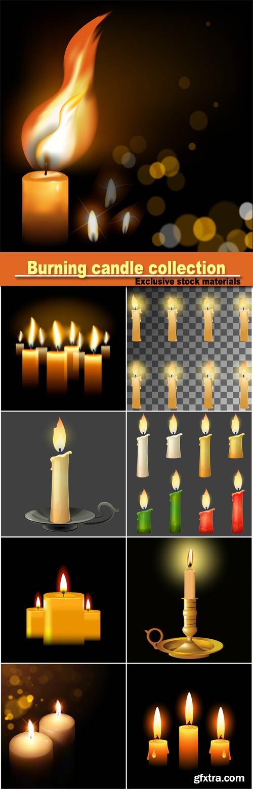 Burning candle collection, different colors, vector illustration