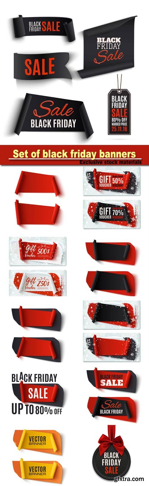 Set of black friday banners and price tags isolated on white background, vector illustration