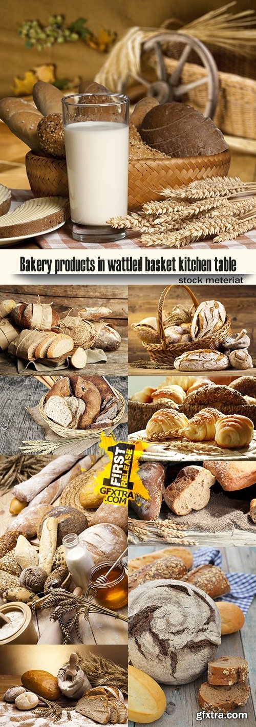 Bakery products in wattled basket kitchen table