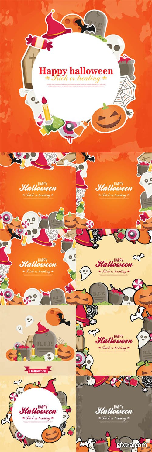 Vector Set - Halloween Concept Banners With Flat Icon Set on Orange Textured