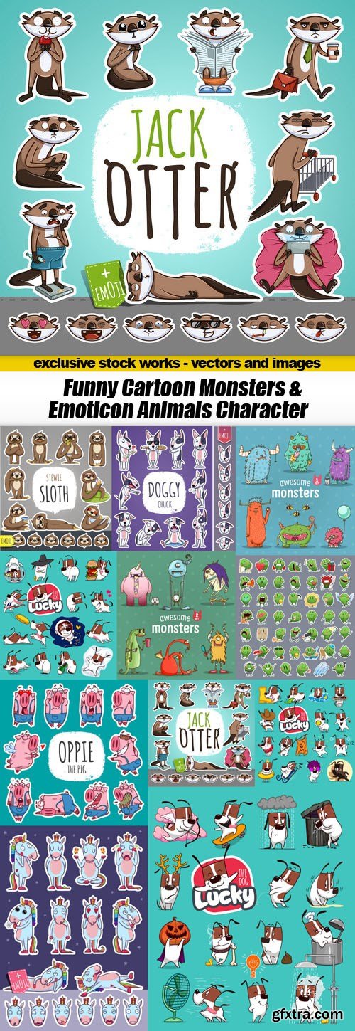 Funny Cartoon Monsters & Emoticon Animals Character - 11xEPS