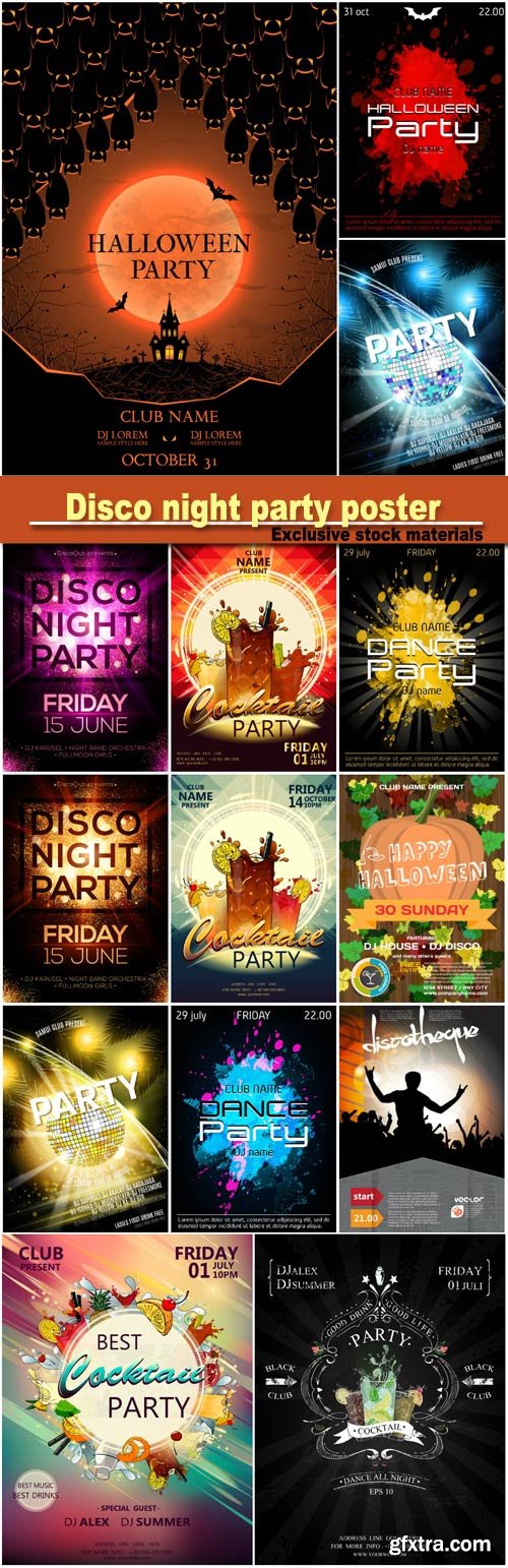 Disco night party vector poster template with shining golden spotlights background