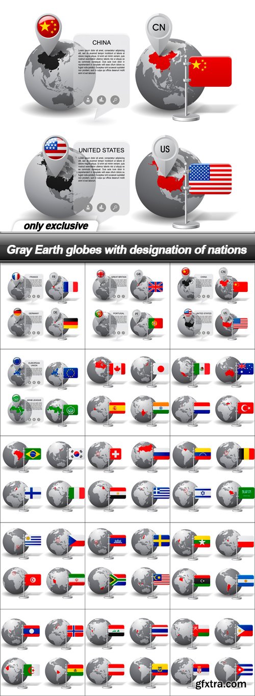 Gray Earth globes with designation of nations - 15 EPS