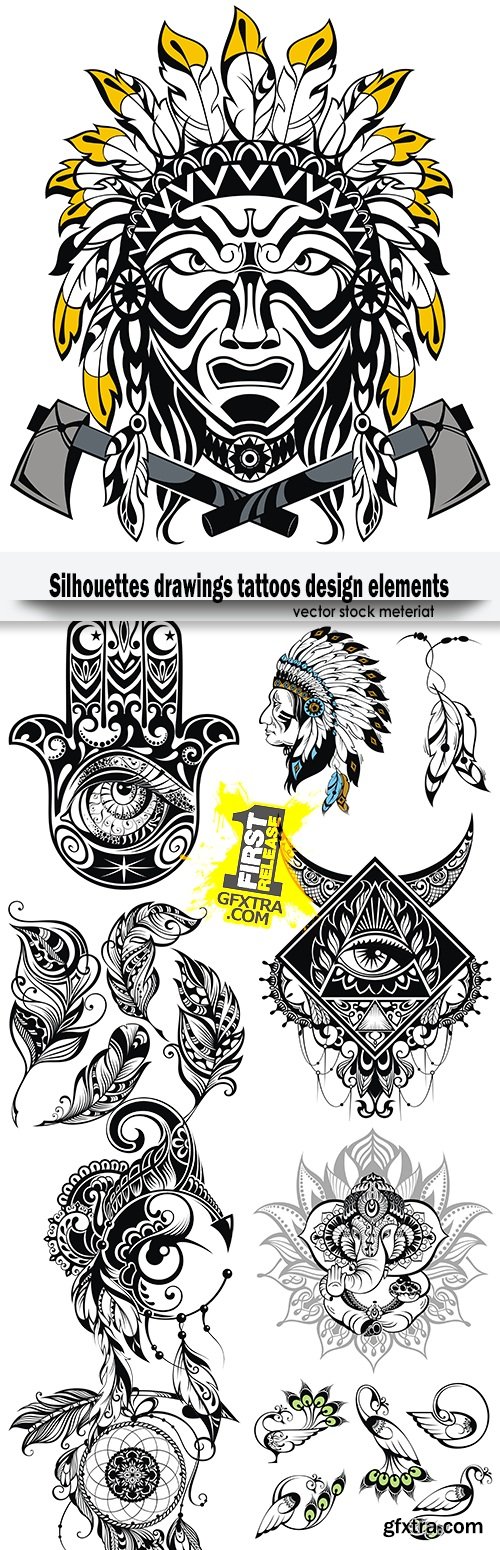 Silhouettes drawings tattoos design elements