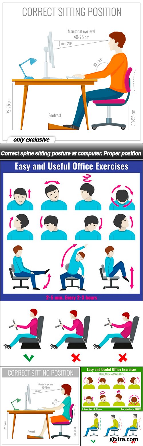 Correct spine sitting posture at computer. Proper position - 6 EPS