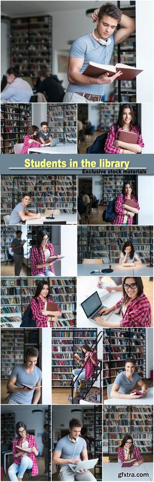 Young man with book in library, girl with book