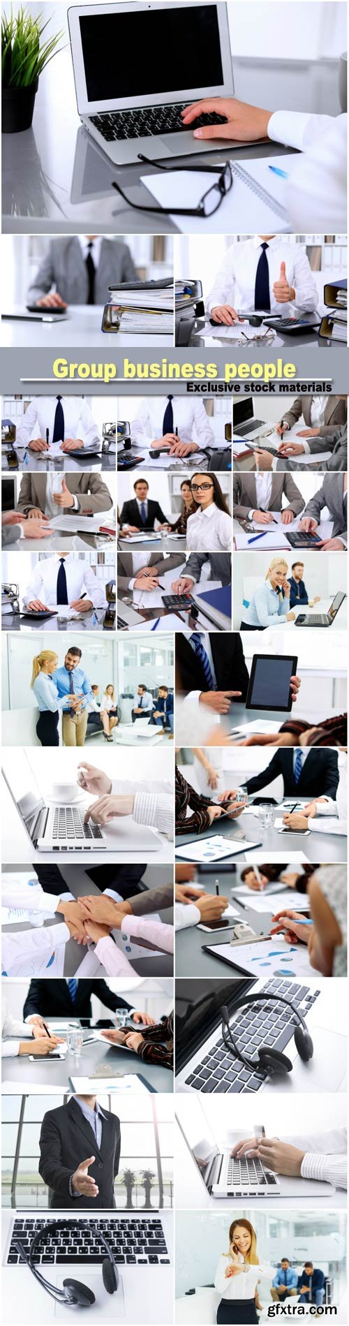 Businesswoman and businessman working with digital tablet in front of group business people