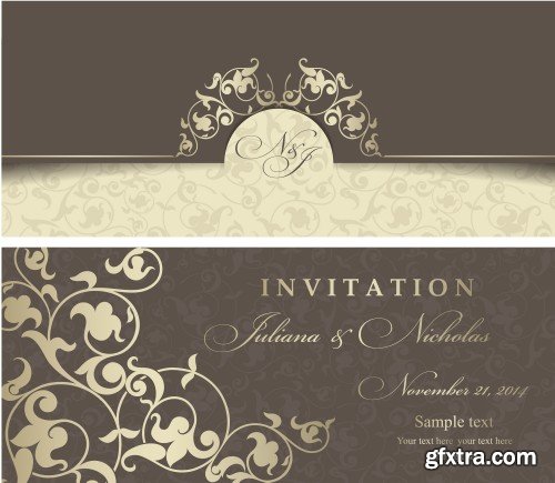 Vintage vector invitation with patterns, envelopes