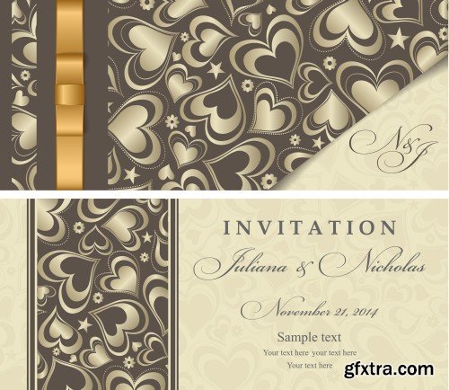 Vintage vector invitation with patterns, envelopes