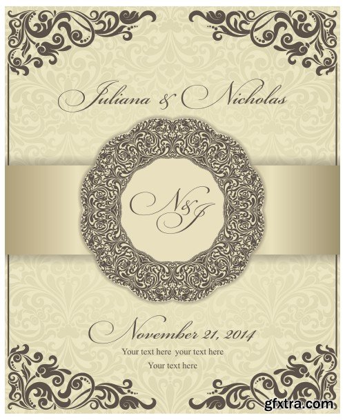 Vintage vector invitation with patterns, envelopes