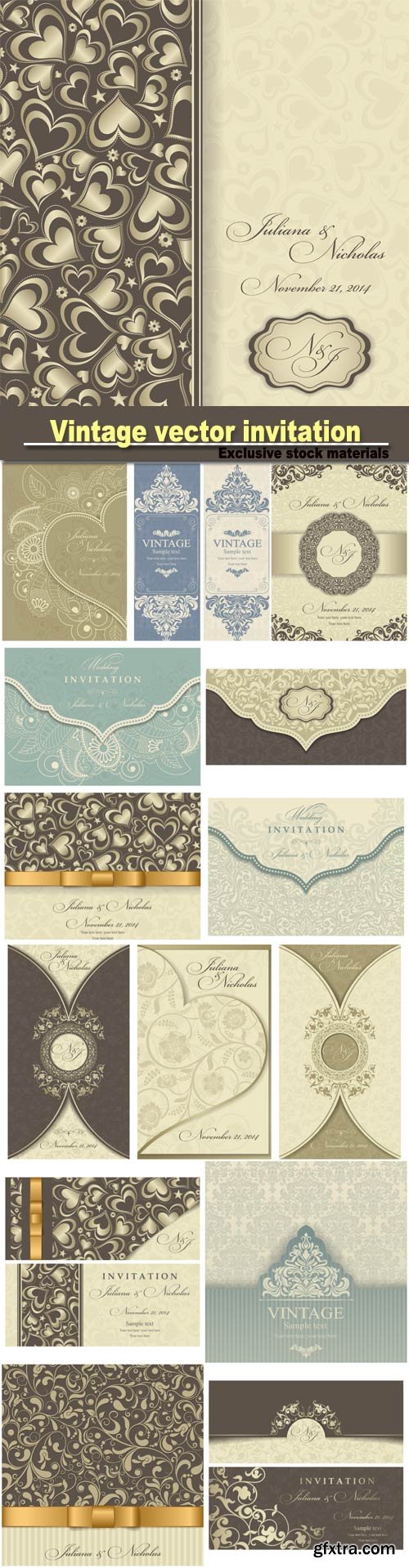 Vintage vector invitation with patterns, envelopes