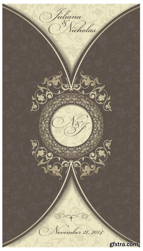 Vintage vector invitation with patterns, envelopes