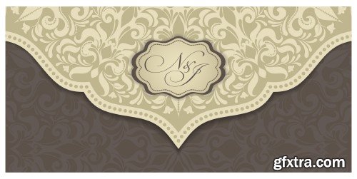 Vintage vector invitation with patterns, envelopes