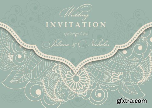 Vintage vector invitation with patterns, envelopes