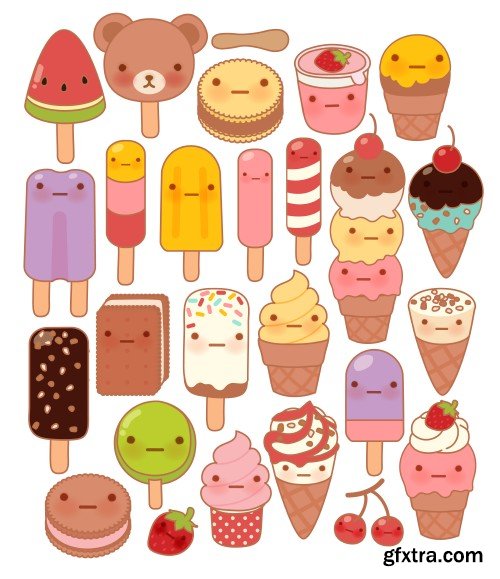 Vector set of sweets and cakes, ice cream and cupcakes