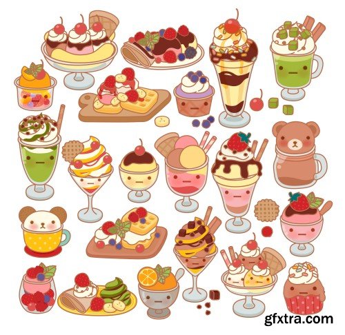 Vector set of sweets and cakes, ice cream and cupcakes