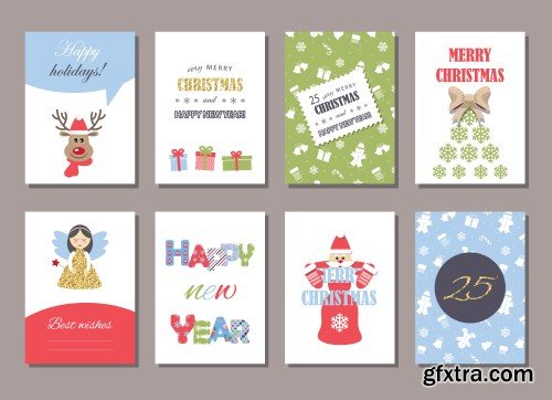 Cute Christmas and New Year card templates set with glitter