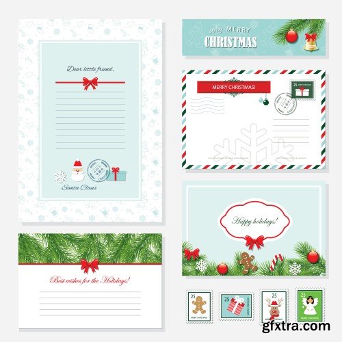 Cute Christmas and New Year card templates set with glitter