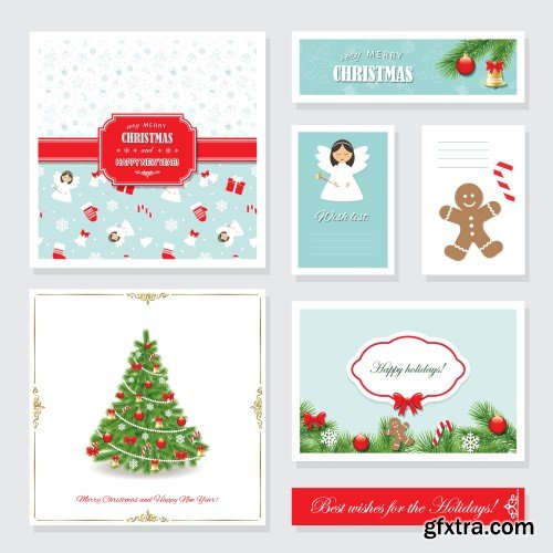 Cute Christmas and New Year card templates set with glitter