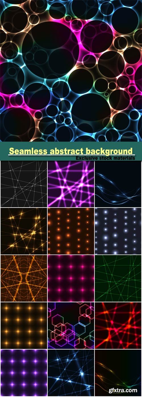 Seamless abstract background from gold Laser beams, colorful spectrum hexagons outlines, laser rays