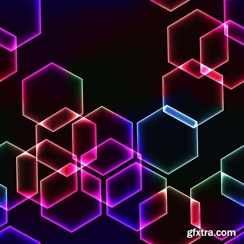 Seamless abstract background from gold Laser beams, colorful spectrum hexagons outlines, laser rays