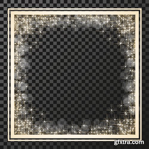 Vector rectangle frame with golden stars on the transparency background, sparkles golden symbols, star glitter, stellar flare, shining reflections