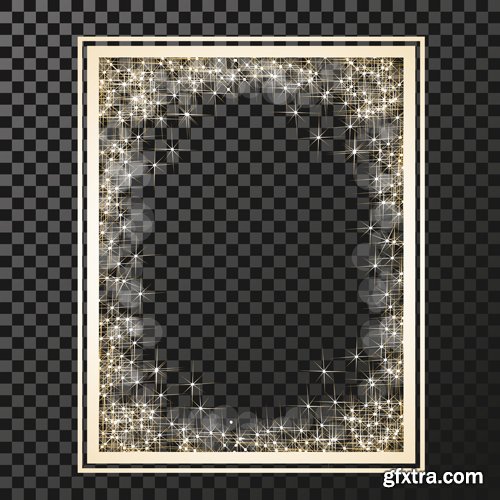 Vector rectangle frame with golden stars on the transparency background, sparkles golden symbols, star glitter, stellar flare, shining reflections