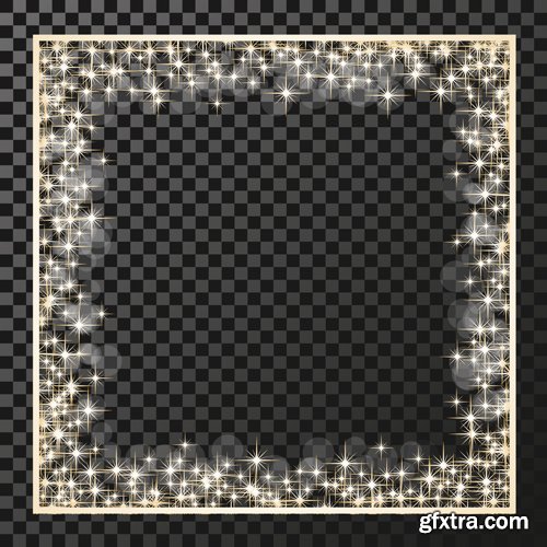 Vector rectangle frame with golden stars on the transparency background, sparkles golden symbols, star glitter, stellar flare, shining reflections