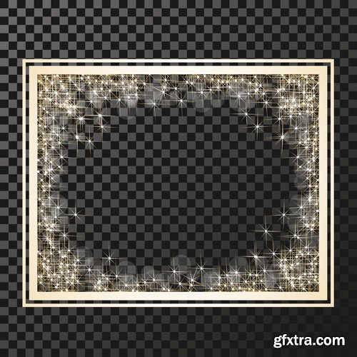 Vector rectangle frame with golden stars on the transparency background, sparkles golden symbols, star glitter, stellar flare, shining reflections