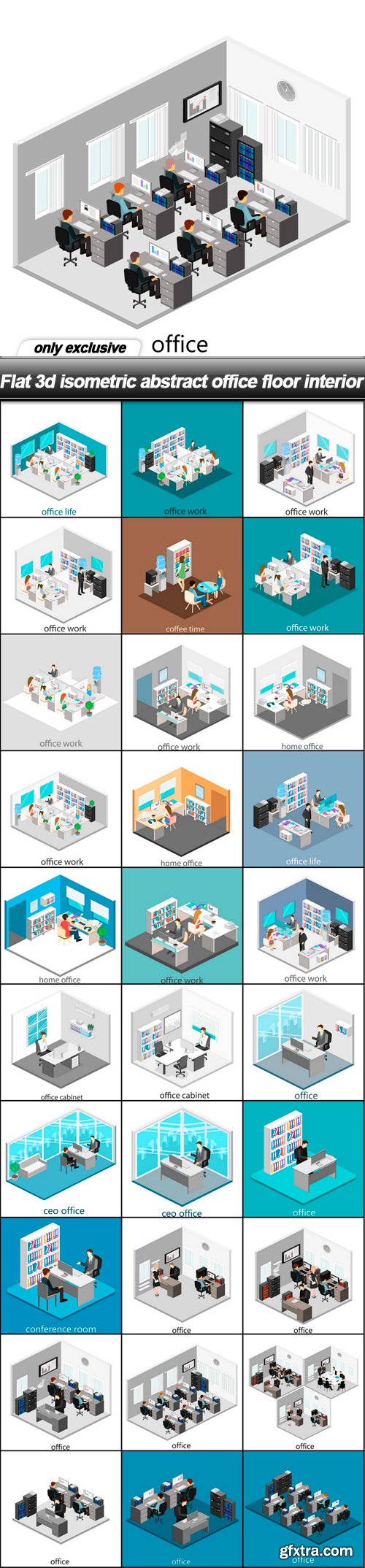 Flat 3d isometric abstract office floor interior - 30 EPS