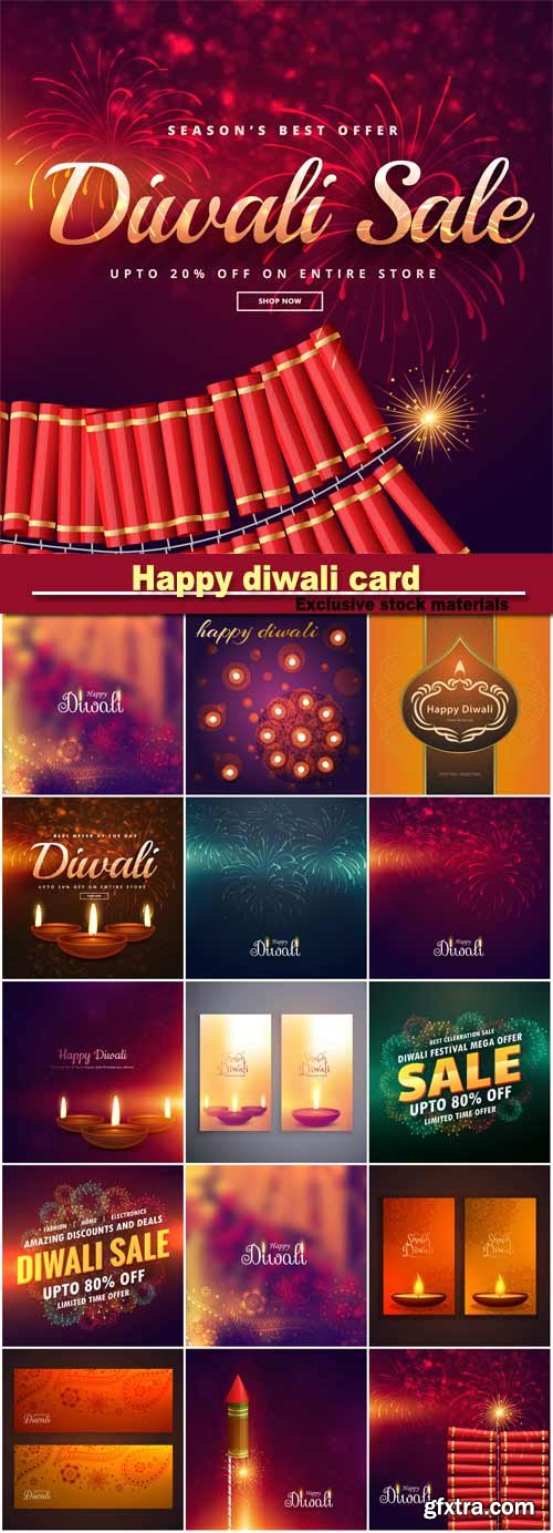 Happy diwali card with lights and lamps, traditional Indian festival