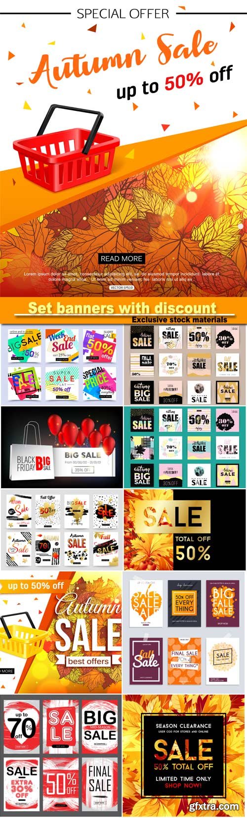 Set media banners with discount offer, shopping background, label for business promotion