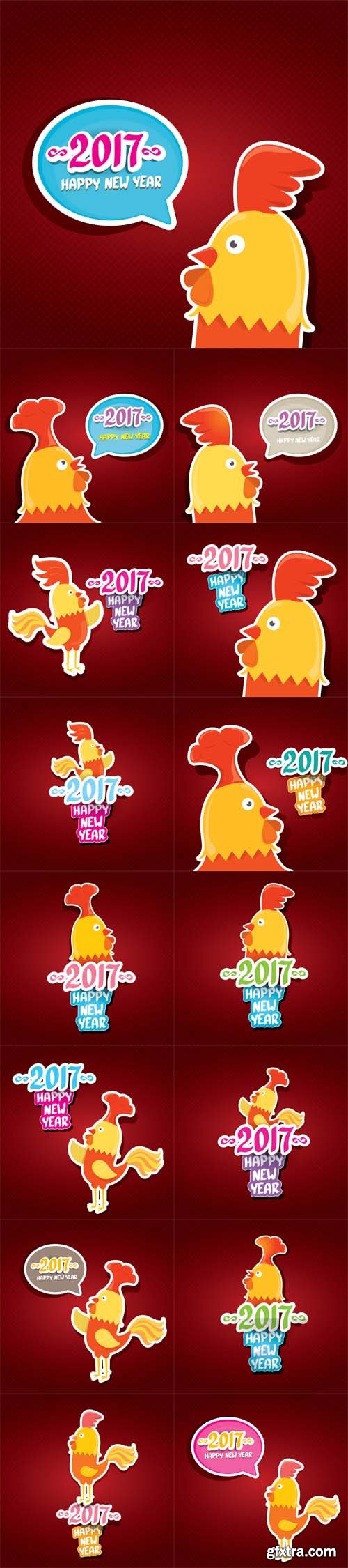 Vector Set - New year 2017 with cartoon funny rooster